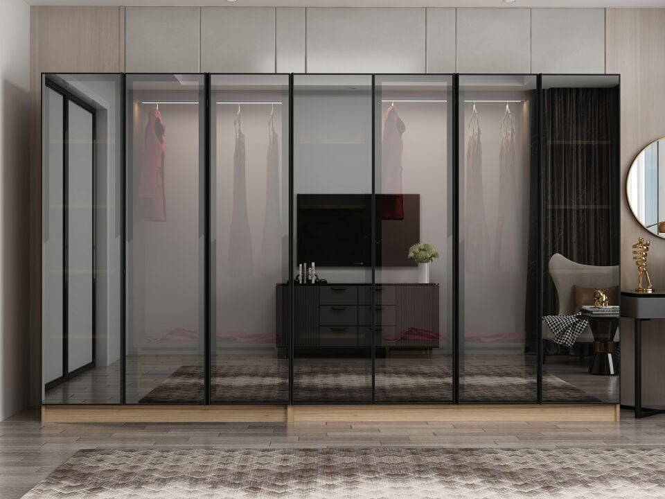 Nisa 7 Kapaklı 4 Çekmece Dolap Dore Reflekte Cam