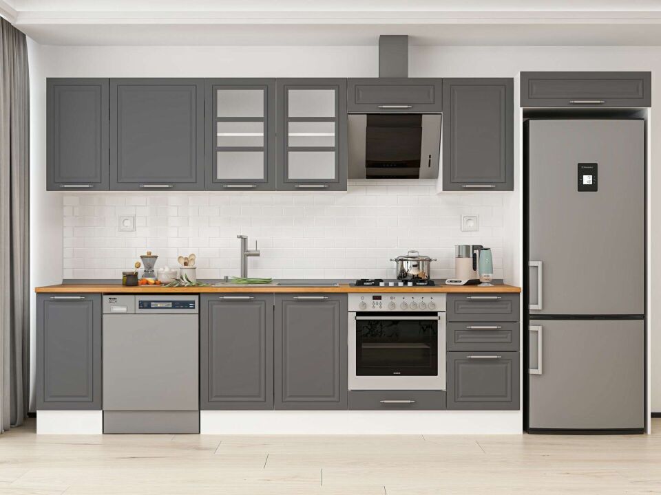 Alvinka 365X222 Cm Klasik Mebran Mutfak Dolabı Mb-E80S40S45-3 Mebran | Antrasit - Mdf