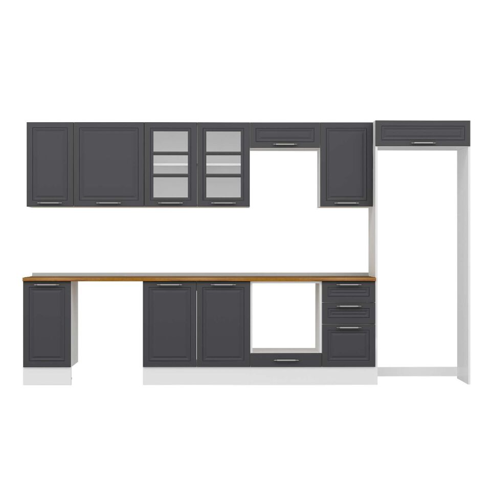 Alvinka 365X222 Cm Klasik Mebran Mutfak Dolabı Mb-E80S40S45-3 Mebran | Antrasit - Mdf