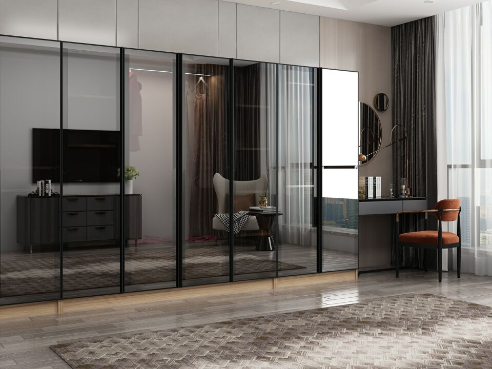 Nisa 8 Kapaklı 2 Çekmece Dolap Dore Reflekte Cam