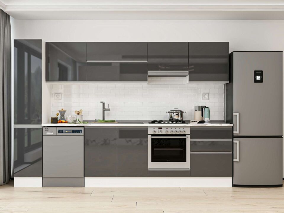 Alvinka 300X210 Cm High Gloss Mutfak Dolabı Mb-E80B40S60-1 High Gloss | Antrasit - Mdf