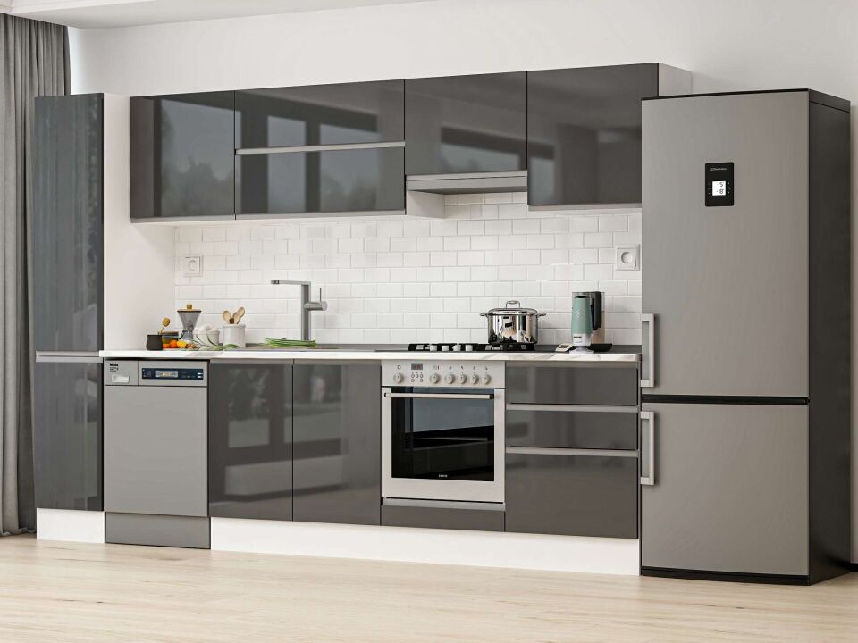 Alvinka 300X210 Cm High Gloss Mutfak Dolabı Mb-E80B40S60-1 High Gloss | Antrasit - Mdf