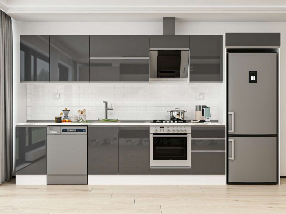 Alvinka 385X222 Cm High Gloss Mutfak Dolabı Mb-E90S45S50-2 High Gloss | Antrasit - Mdf