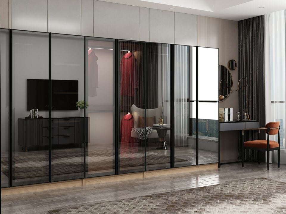 Nisa 8 Kapaklı 4 Çekmece Dolap Dore Reflekte Cam