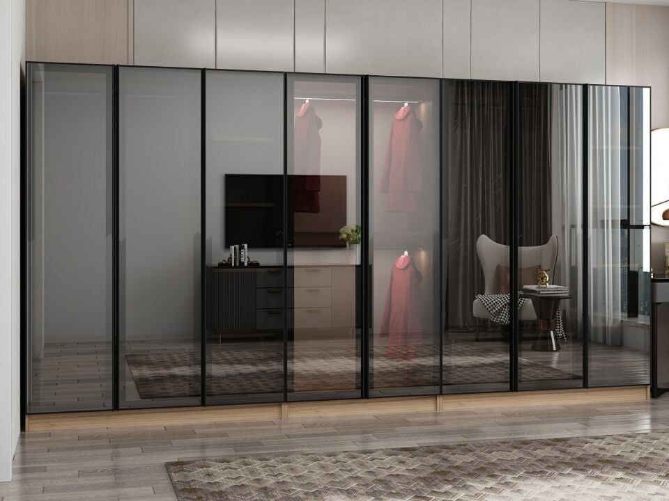 Nisa 8 Kapaklı 4 Çekmece Dolap Dore Reflekte Cam