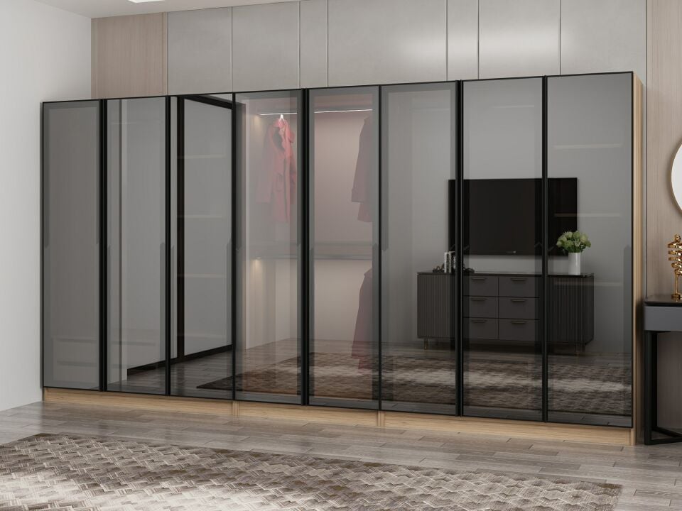 Nisa 8 Kapaklı 4 Çekmece Dolap Dore Reflekte Cam