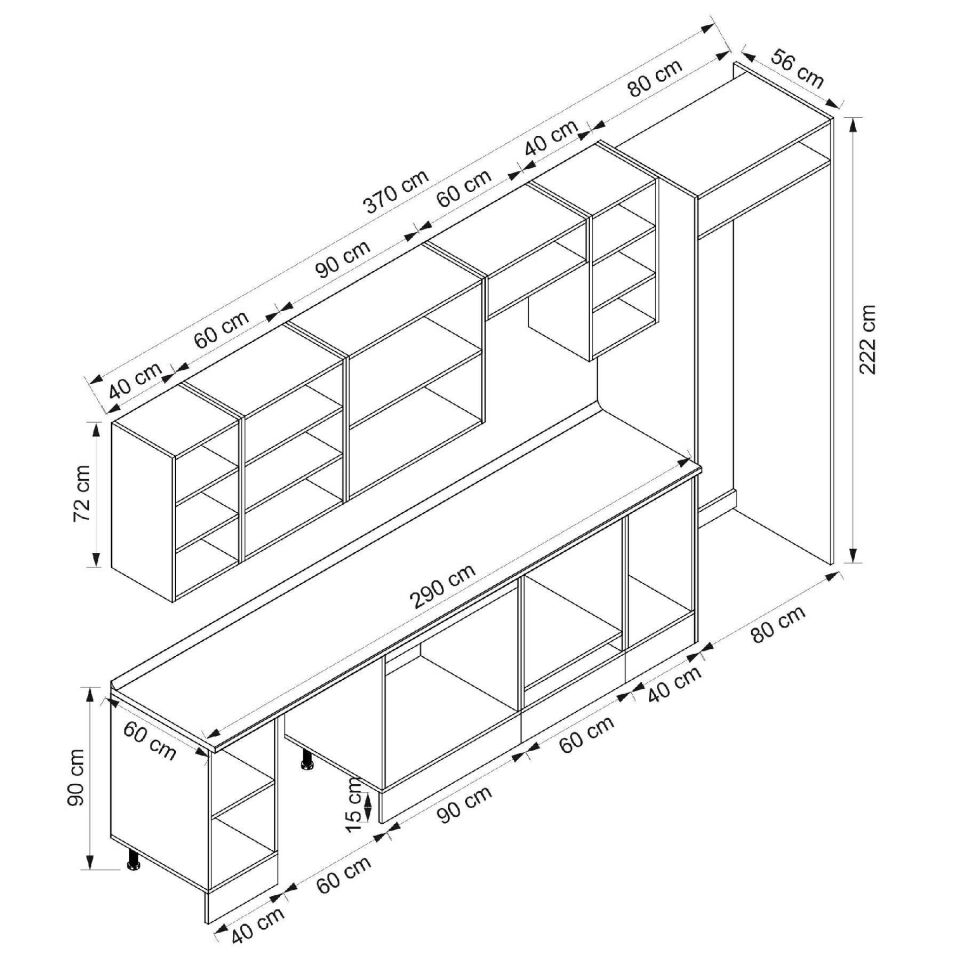 Alvinka 370X222 Cm Klasik Mebran Mutfak Dolabı Beyaz Beyaz Mb-E90S40S40-3