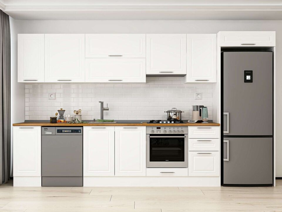 Alvinka 375X222 Cm Klasik Mebran Mutfak Dolabı Beyaz Beyaz Mb-E90S40S45-1