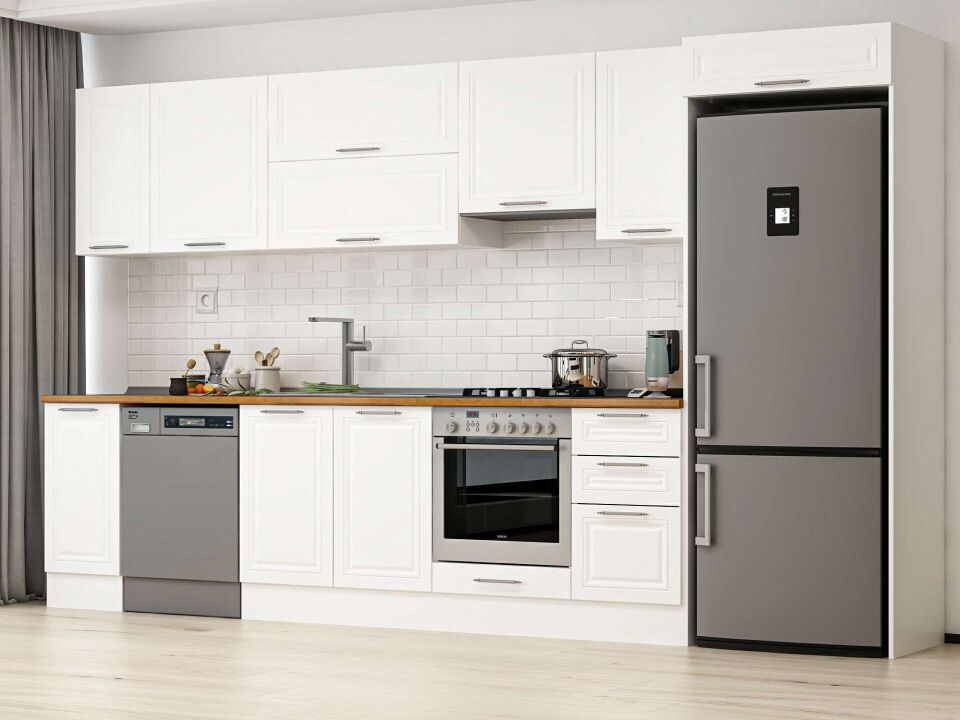 Alvinka 375X222 Cm Klasik Mebran Mutfak Dolabı Beyaz Beyaz Mb-E90S40S45-1