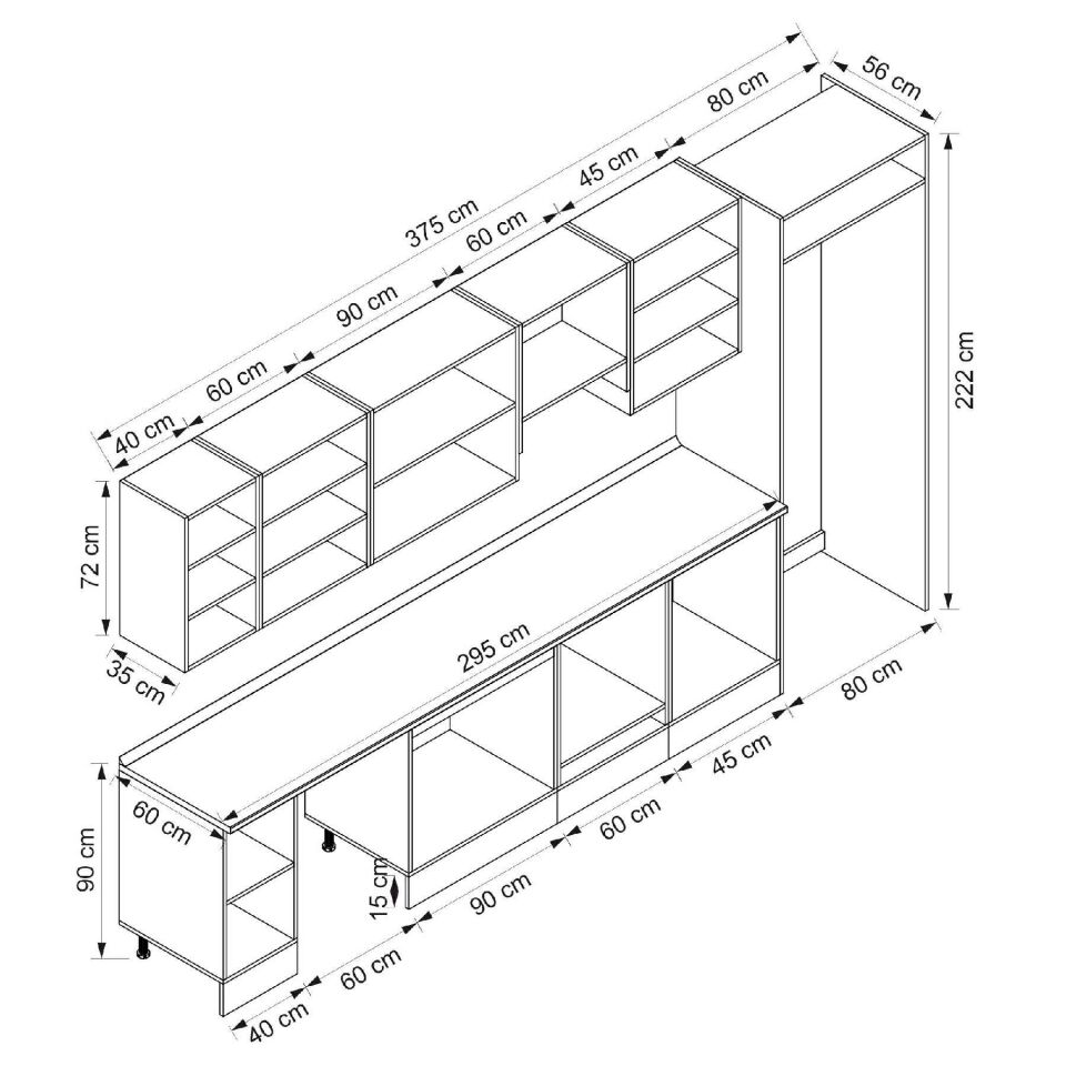 Alvinka 375X222 Cm Klasik Mebran Mutfak Dolabı Beyaz Beyaz Mb-E90S40S45-1