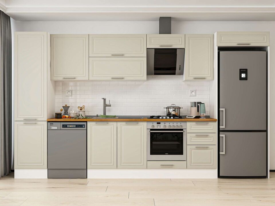 Alvinka 385X222 Cm Klasik Mebran Mutfak Dolabı Mbb-E90B50S45-2 Mebran | Kumtaşı - Mdf