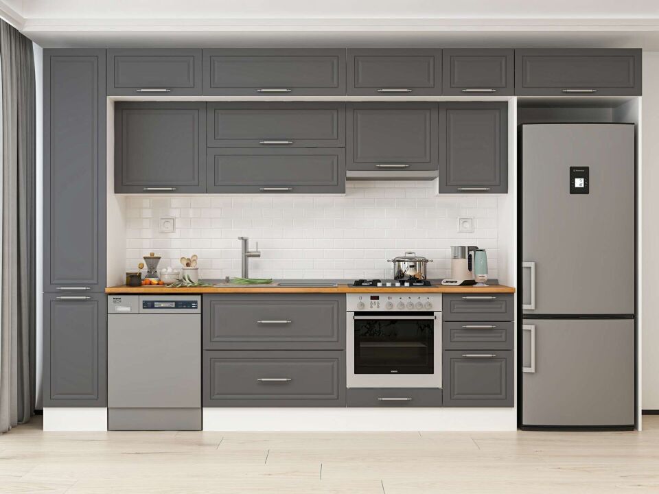 Alvinka 375X240 Cm Klasik Mebran Mutfak Dolabı Mbb-E90B40S45-1 Mebran | Antrasit - Mdf
