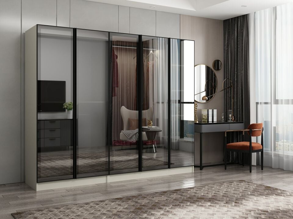 Nisa 5 Kapaklı 2 Çekmece Dolap Kumtaşı Reflekte Cam