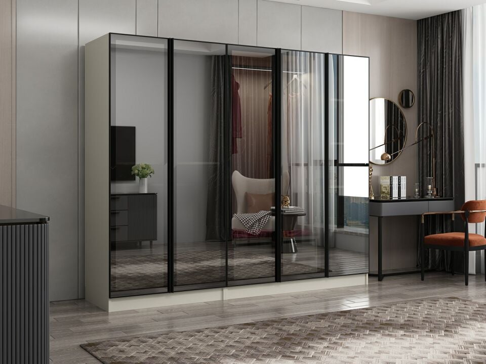 Nisa 5 Kapaklı 2 Çekmece Dolap Kumtaşı Reflekte Cam