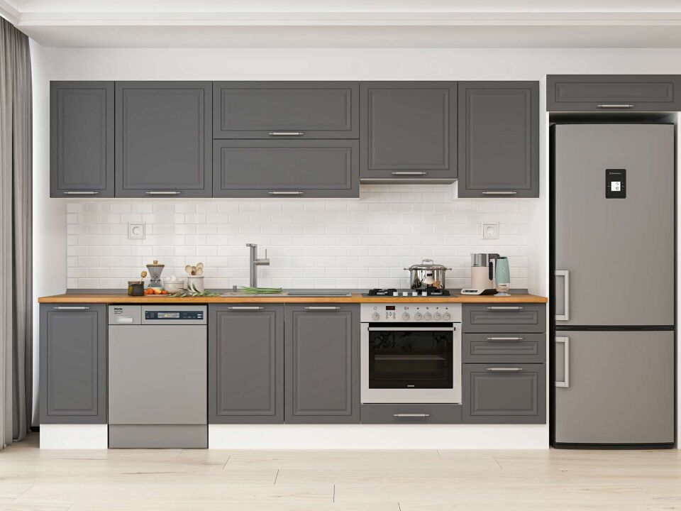 Alvinka 370X222 Cm Klasik Mebran Mutfak Dolabı Mb-E80S40S50-1 Mebran | Antrasit - Mdf