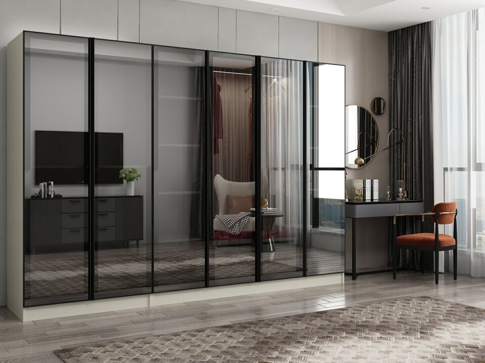 Nisa 6 Kapaklı 2 Çekmece Dolap Kumtaşı Reflekte Cam