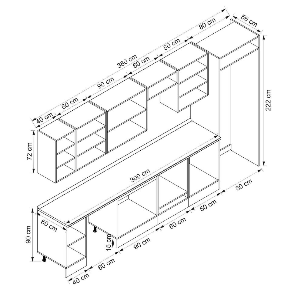 Alvinka 380X222 Cm Klasik Mebran Mutfak Dolabı Beyaz Beyaz Mb-E90S40S50-2