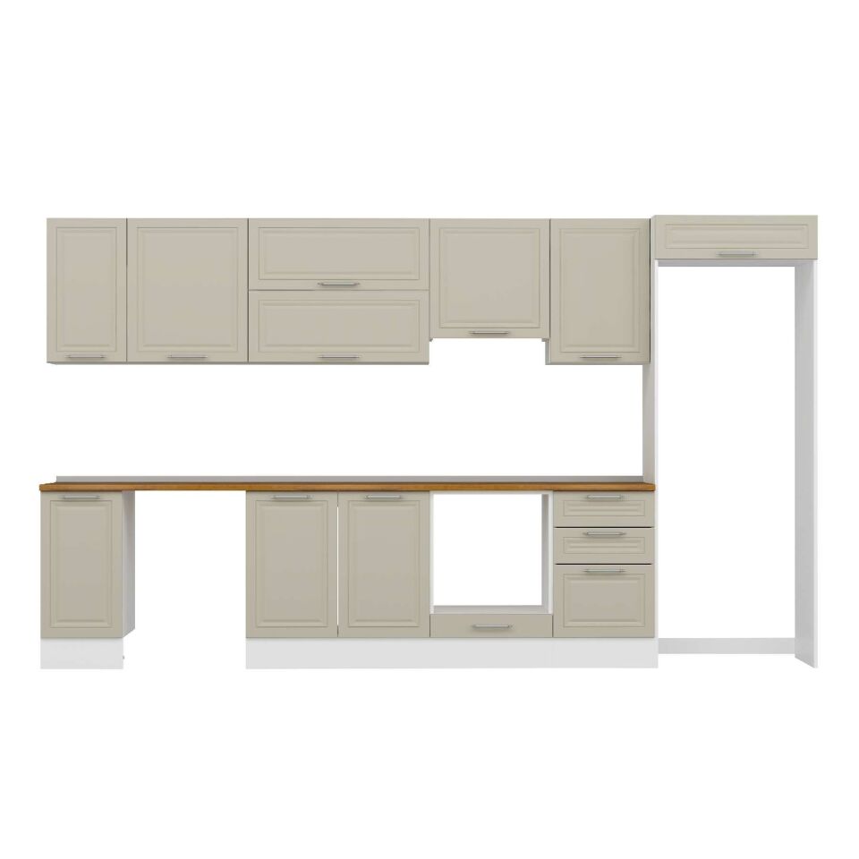 Alvinka 370X222 Cm Klasik Mebran Mutfak Dolabı Mb-E80S40S50-1 Mebran | Kumtaşı - Mdf