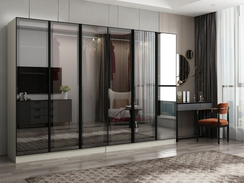 Nisa 6 Kapaklı 4 Çekmece Dolap Kumtaşı Reflekte Cam