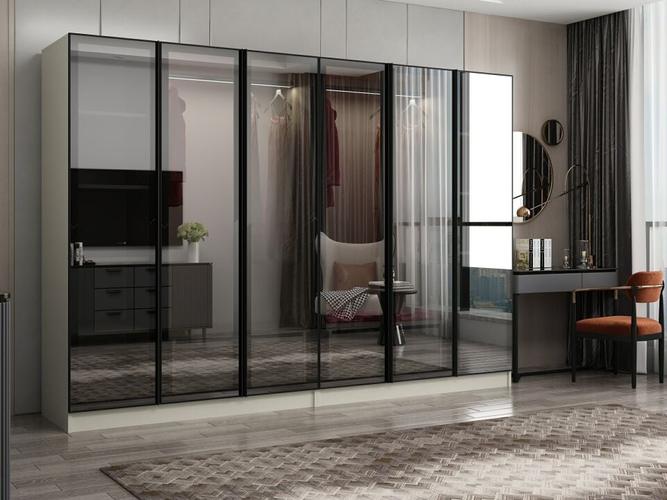 Nisa 6 Kapaklı 4 Çekmece Dolap Kumtaşı Reflekte Cam