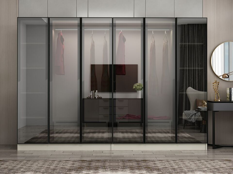 Nisa 6 Kapaklı 4 Çekmece Dolap Kumtaşı Reflekte Cam