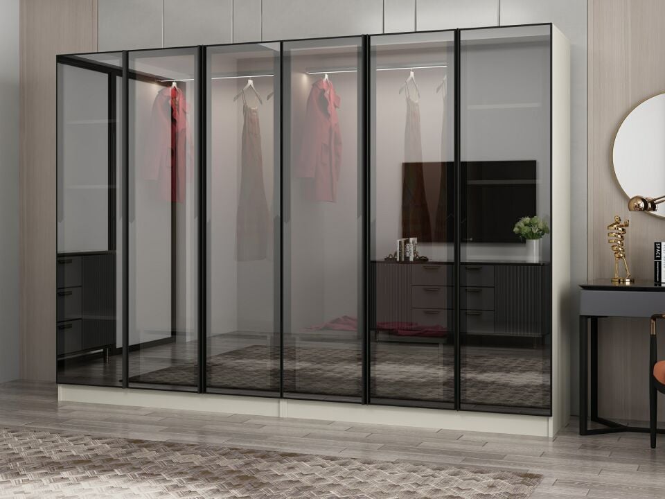 Nisa 6 Kapaklı 4 Çekmece Dolap Kumtaşı Reflekte Cam