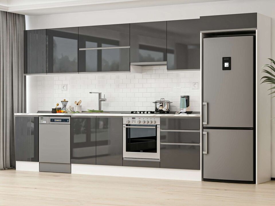 Alvinka 395X222 Cm High Gloss Mutfak Dolabı Mb-E90S45S60-1 High Gloss | Antrasit - Suntalam