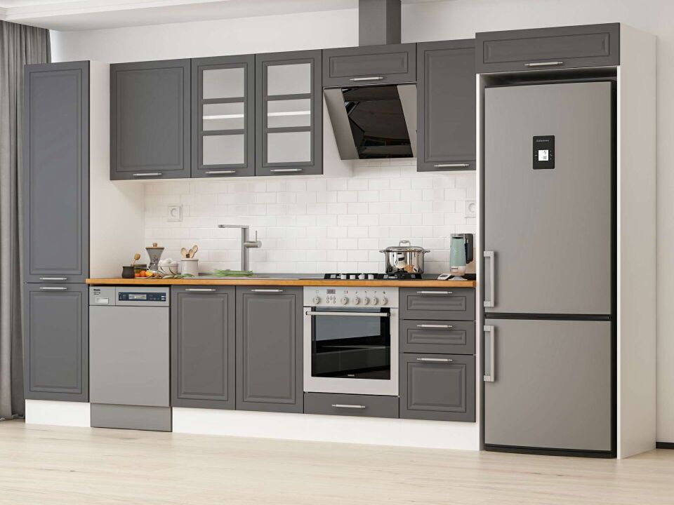 Alvinka 385X222 Cm Klasik Mebran Mutfak Dolabı Mbb-E90B50S45-3 Mebran | Antrasit - Mdf
