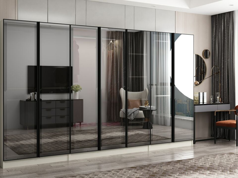 Nisa 7 Kapaklı 2 Çekmece Dolap Kumtaşı Reflekte Cam