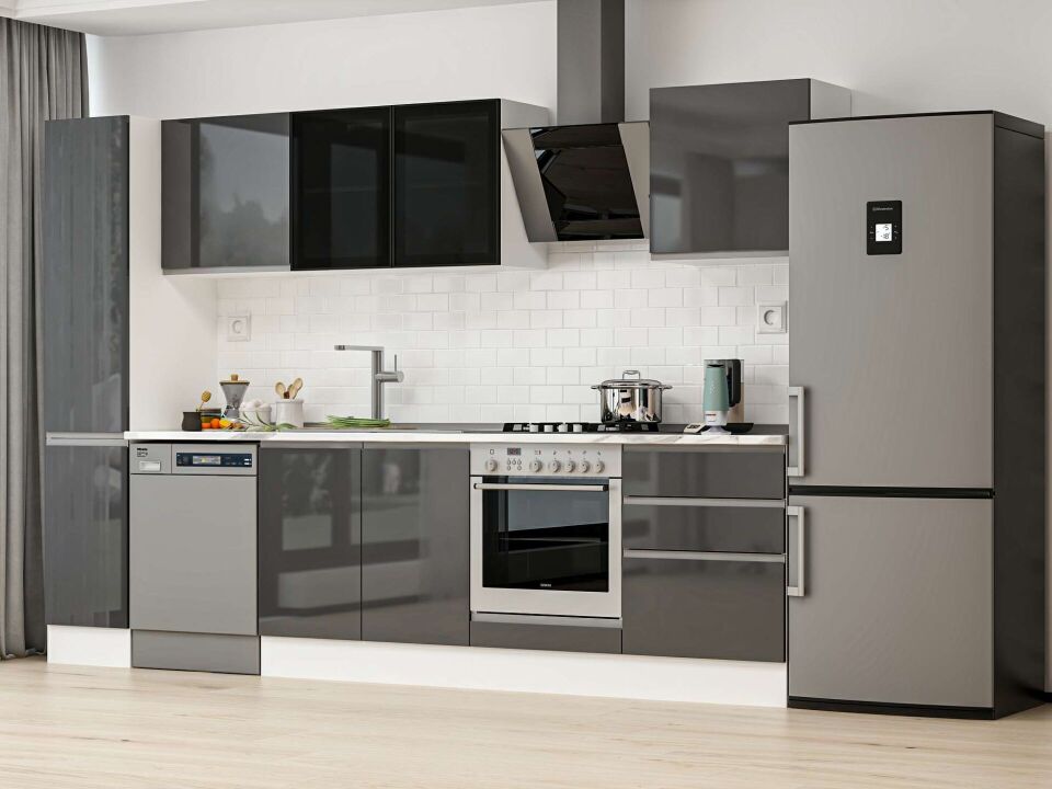 Alvinka 300X210 Cm High Gloss Mutfak Dolabı Mb-E80B40S60-3 High Gloss | Antrasit - Mdf