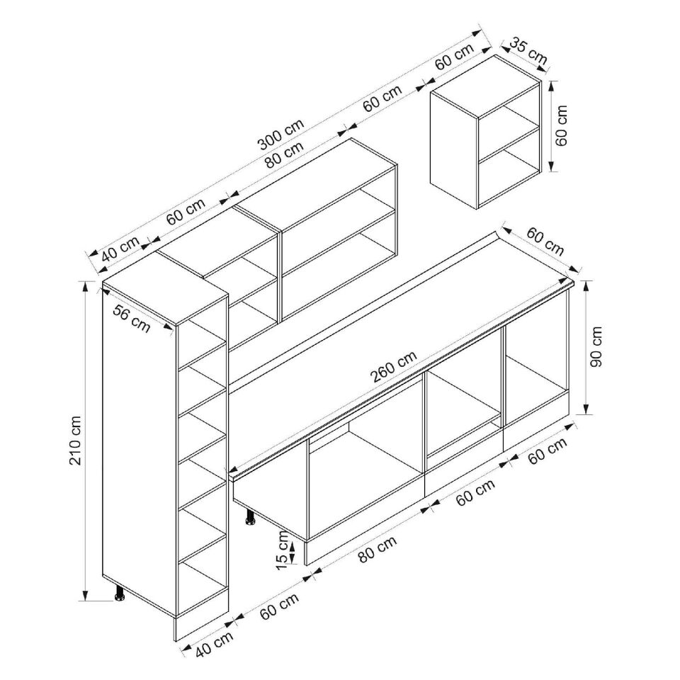 Alvinka 300X210 Cm High Gloss Mutfak Dolabı Mb-E80B40S60-3 High Gloss | Antrasit - Mdf