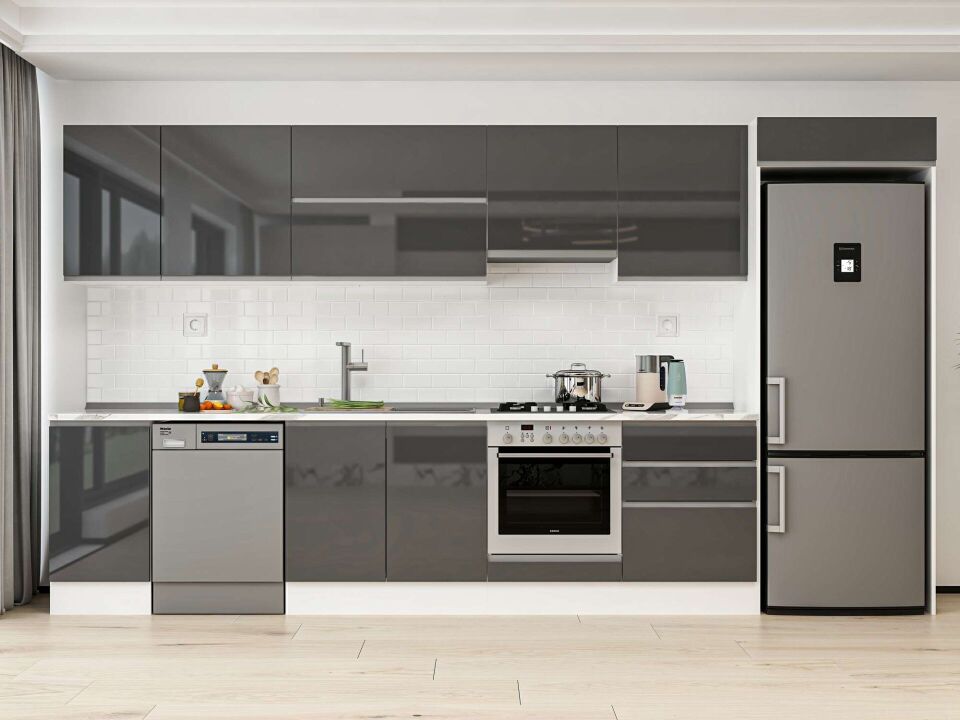 Alvinka 395X222 Cm High Gloss Mutfak Dolabı Mb-E90S45S60-1 High Gloss | Antrasit - Mdf