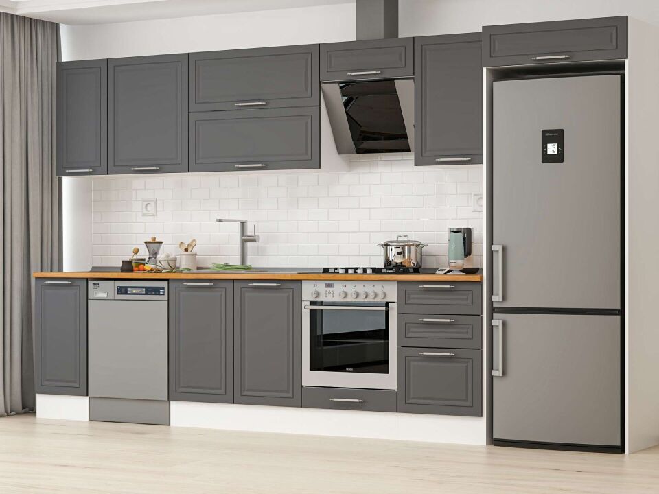 Alvinka 370X222 Cm Klasik Mebran Mutfak Dolabı Mb-E80S40S50-2 Mebran | Antrasit - Suntalam