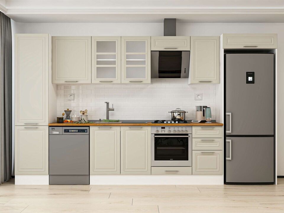 Alvinka 385X222 Cm Klasik Mebran Mutfak Dolabı Mbb-E90B50S45-3 Mebran | Kumtaşı - Mdf
