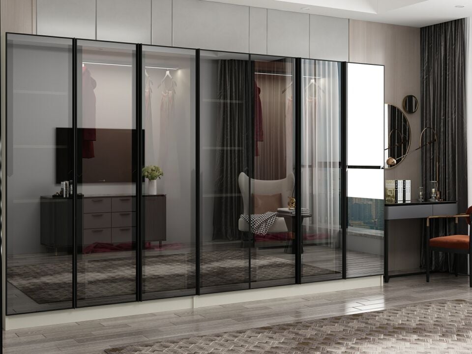 Nisa 7 Kapaklı 4 Çekmece Dolap Kumtaşı Reflekte Cam