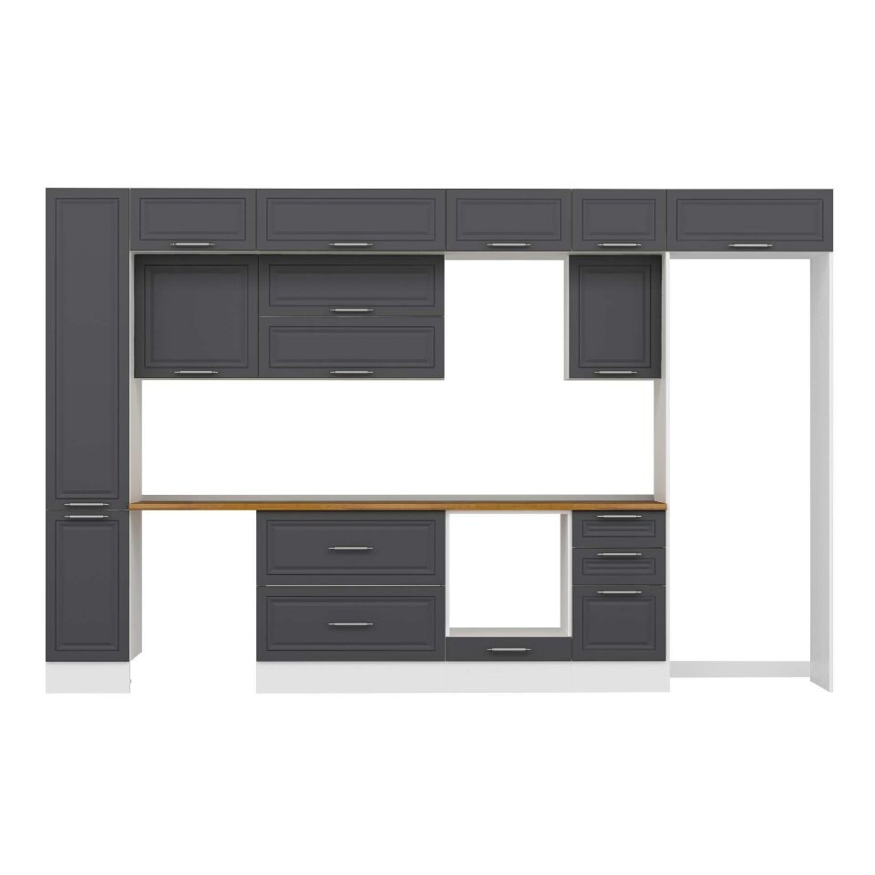Alvinka 375X240 Cm Klasik Mebran Mutfak Dolabı Mbb-E90B40S45-2 Mebran | Antrasit - Mdf