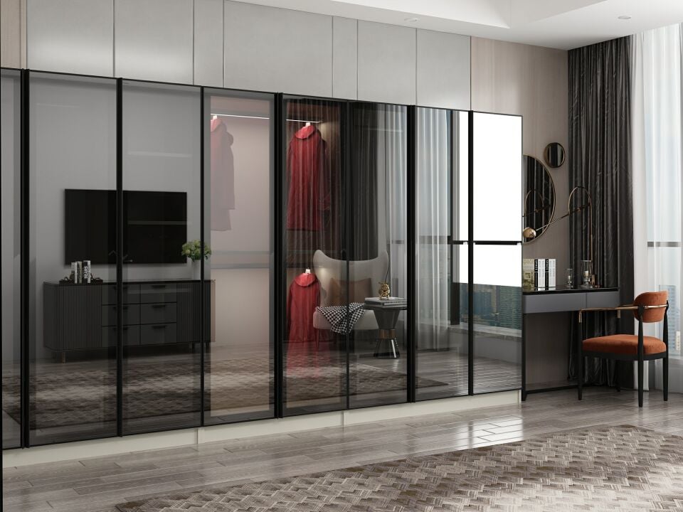 Nisa 8 Kapaklı 4 Çekmece Dolap Kumtaşı Reflekte Cam