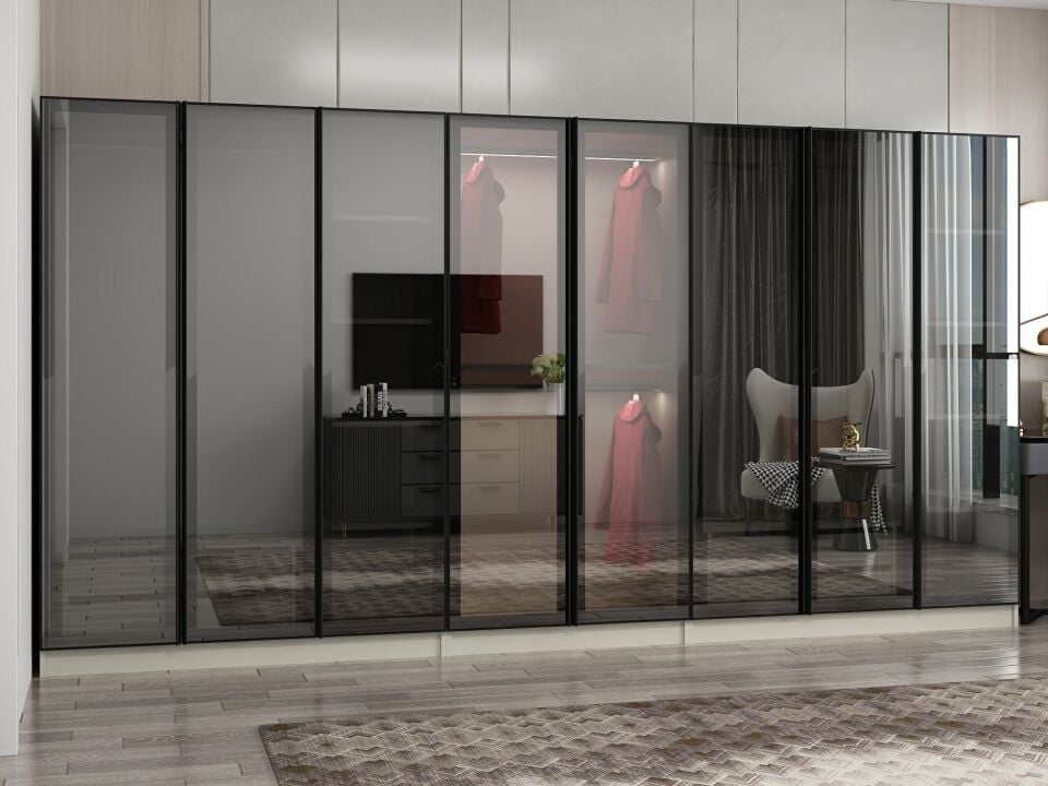 Nisa 8 Kapaklı 4 Çekmece Dolap Kumtaşı Reflekte Cam