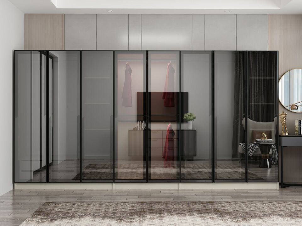 Nisa 8 Kapaklı 4 Çekmece Dolap Kumtaşı Reflekte Cam