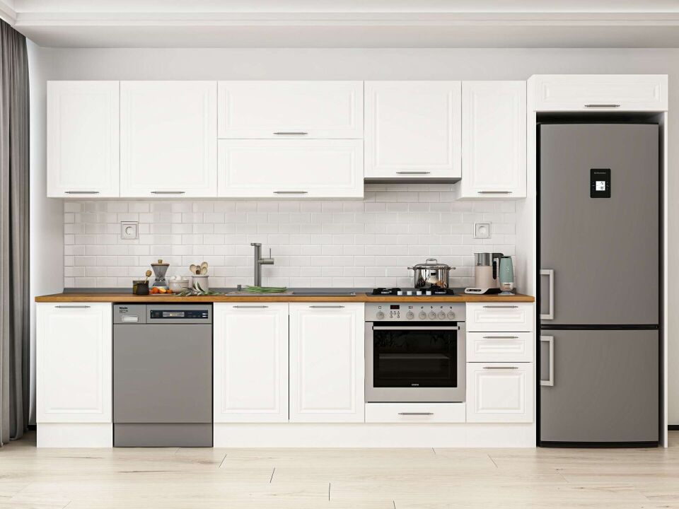 Alvinka 375X222 Cm Klasik Mebran Mutfak Dolabı Beyaz Beyaz Mb-E90S45S40-1