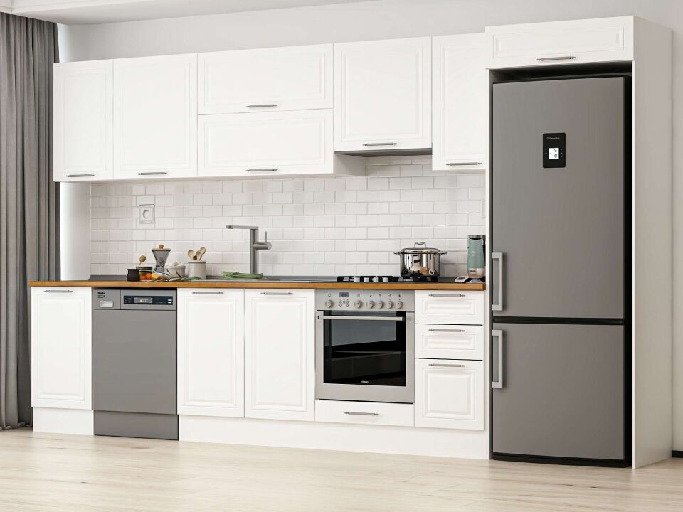 Alvinka 375X222 Cm Klasik Mebran Mutfak Dolabı Beyaz Beyaz Mb-E90S45S40-1