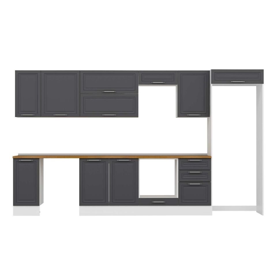 Alvinka 370X222 Cm Klasik Mebran Mutfak Dolabı Mb-E80S40S50-2 Mebran | Antrasit - Mdf