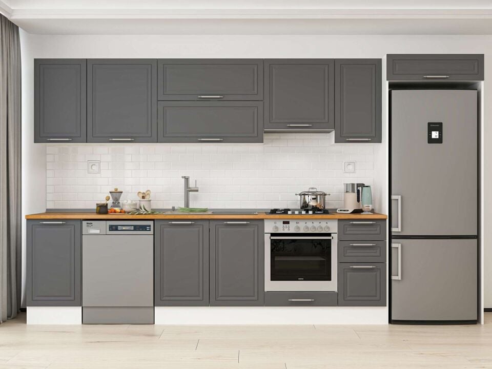 Alvinka 375X222 Cm Klasik Mebran Mutfak Dolabı Beyaz Beyaz Mb-E90S45S40-1