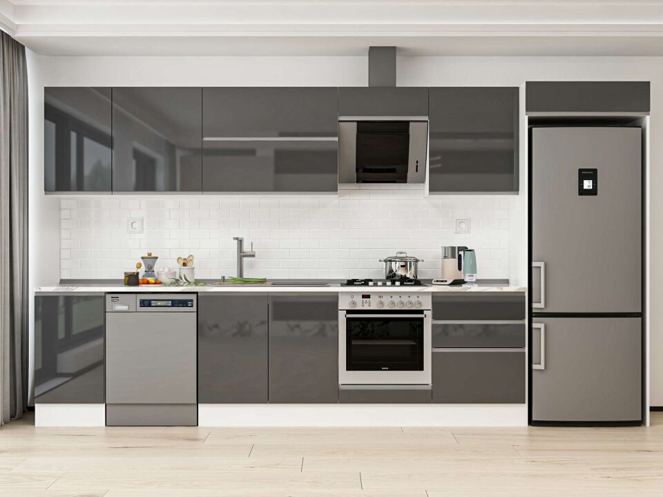 Alvinka 395X222 Cm High Gloss Mutfak Dolabı Mb-E90S45S60-2 High Gloss | Antrasit - Mdf