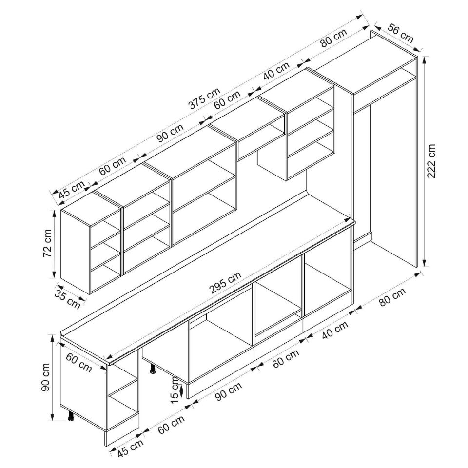 Alvinka 375X222 Cm Klasik Mebran Mutfak Dolabı Beyaz Beyaz Mb-E90S45S40-2
