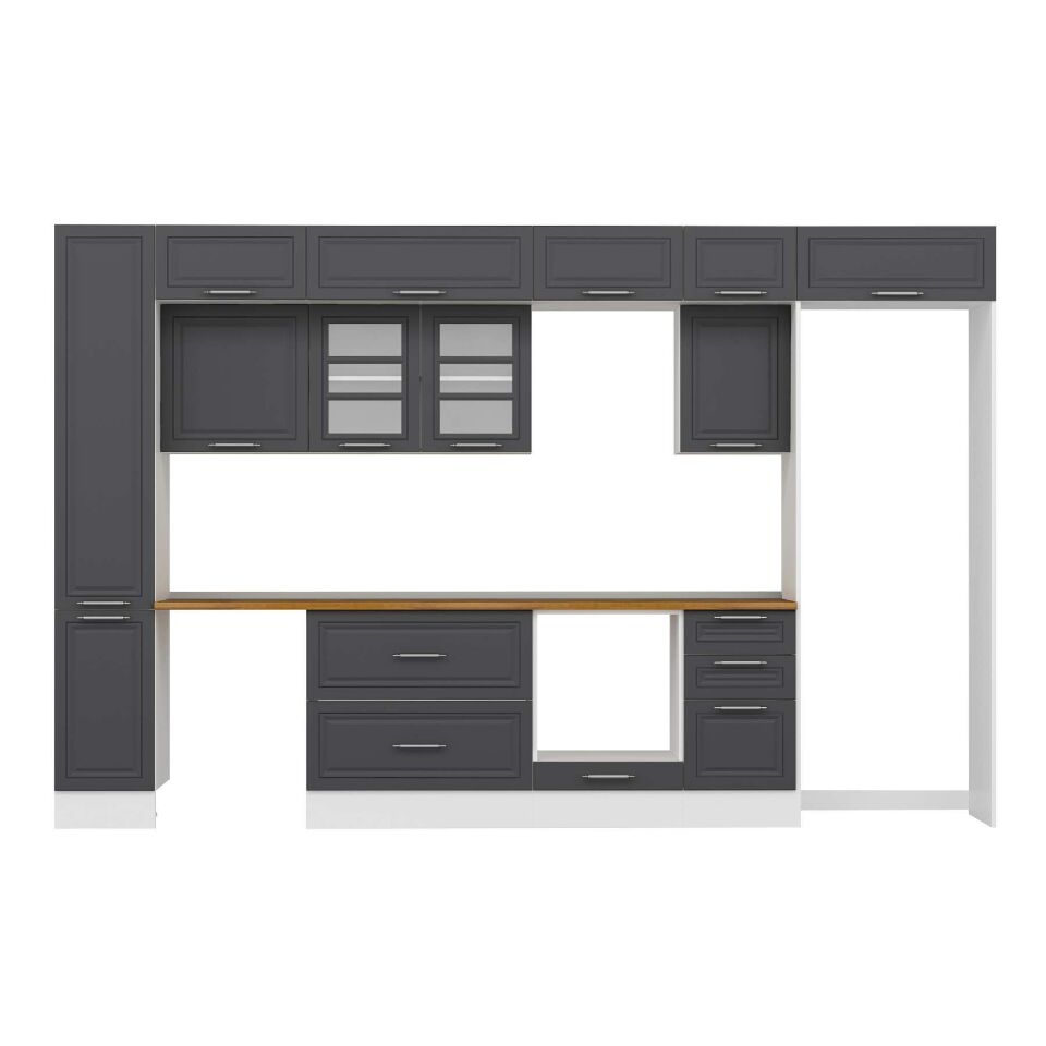 Alvinka 375X240 Cm Klasik Mebran Mutfak Dolabı Mbb-E90B40S45-3 Mebran | Antrasit - Suntalam
