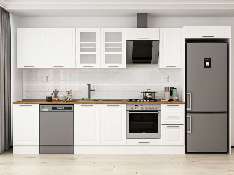 Alvinka 375X222 Cm Klasik Mebran Mutfak Dolabı Beyaz Beyaz Mb-E90S45S40-3