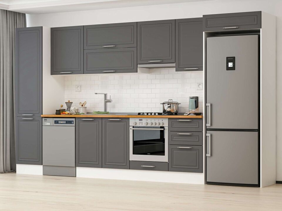 Alvinka 390X222 Cm Klasik Mebran Mutfak Dolabı Mbb-E90B50S50-1 Mebran | Antrasit - Mdf