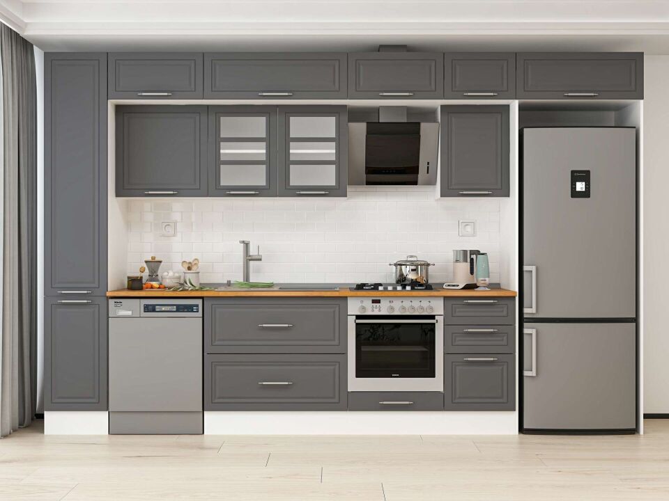 Alvinka 375X240 Cm Klasik Mebran Mutfak Dolabı Mbb-E90B40S45-3 Mebran | Antrasit - Mdf