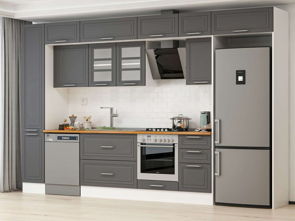 Alvinka 375X240 Cm Klasik Mebran Mutfak Dolabı Mbb-E90B40S45-3 Mebran | Antrasit - Mdf